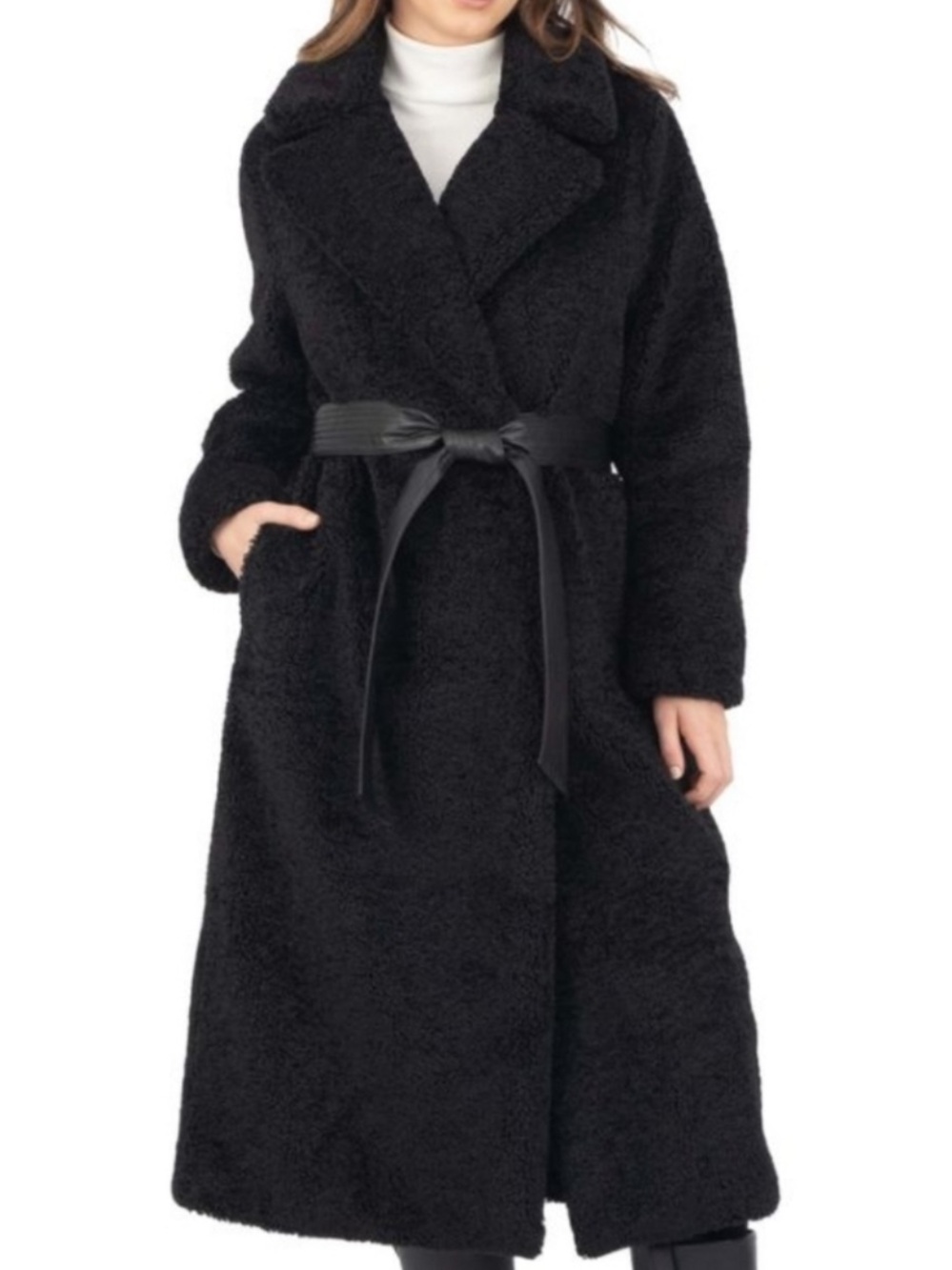 FRYE FUAX LEATHER BELTED FAUX SHEARLING COAT BLACK - L